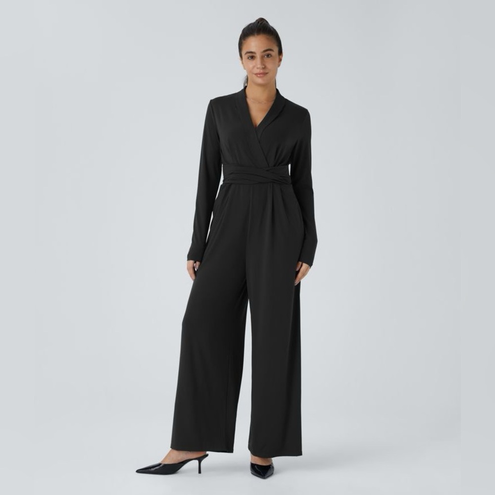 Black Wrap-Front Wide-Leg Jumpsuit - Unbranded